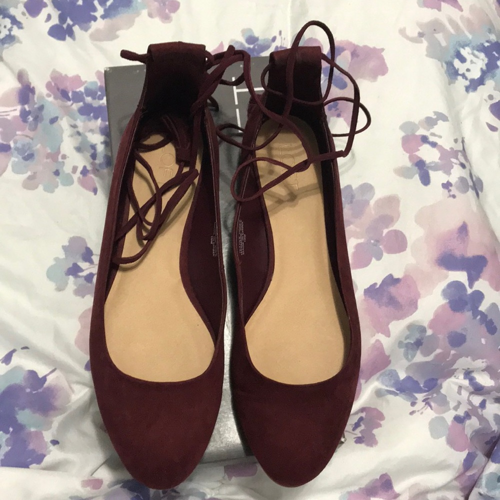 Burgundy flats with ankle ties